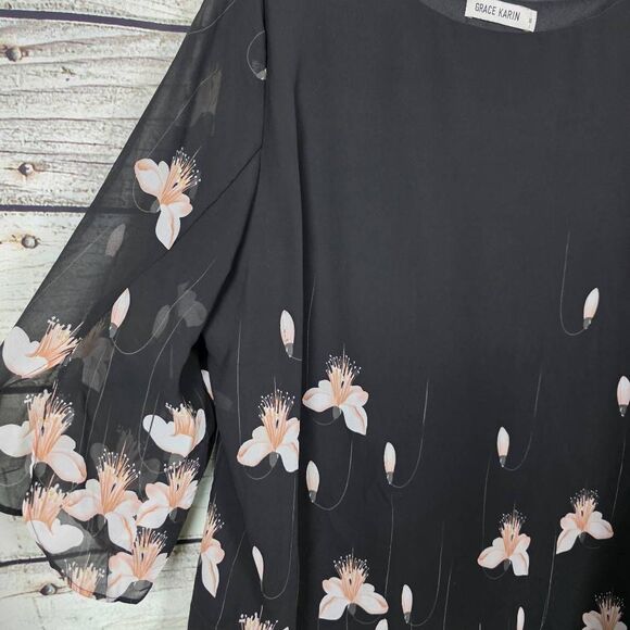 Grace Karin Black Floral Chiffon Blouse Size XL - Picture 2 of 7